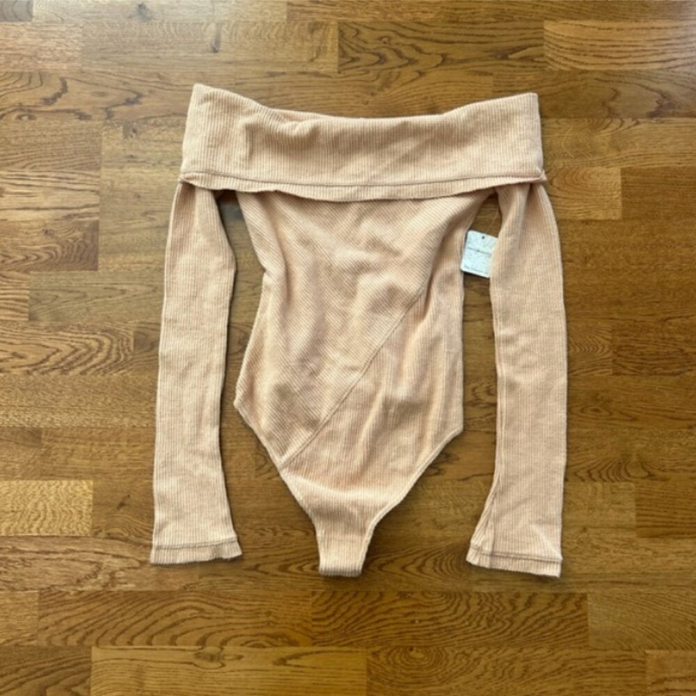 NWT Free People Intimately Cozy Bodysuit Top S Soft Toasted Beige Off Shoulder